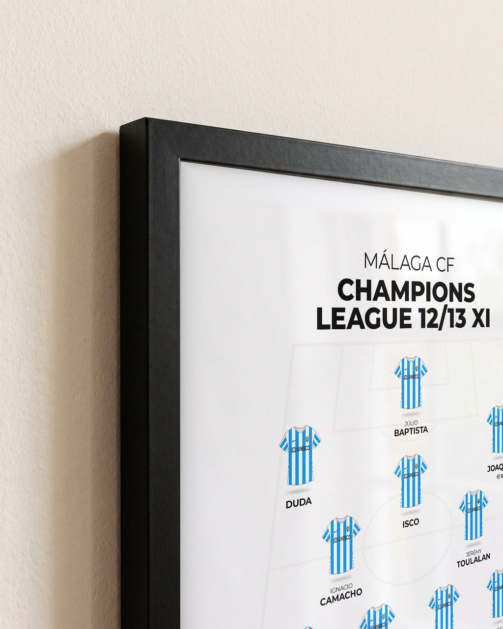 Málaga CF Champions League 2012/13 XI framed print, close-up of the frame corner