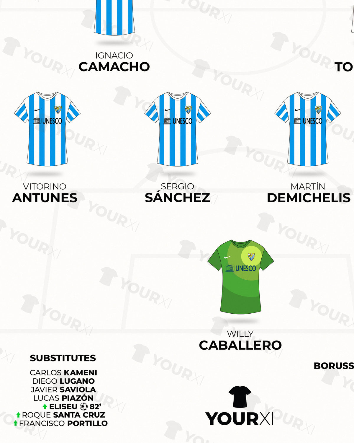Málaga CF Champions League 2012/13 XI framed print, close-up of the print