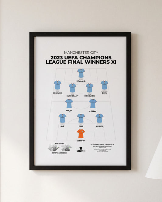 Manchester City 2023 Champions League Winners XI framed print, black frame on a wall