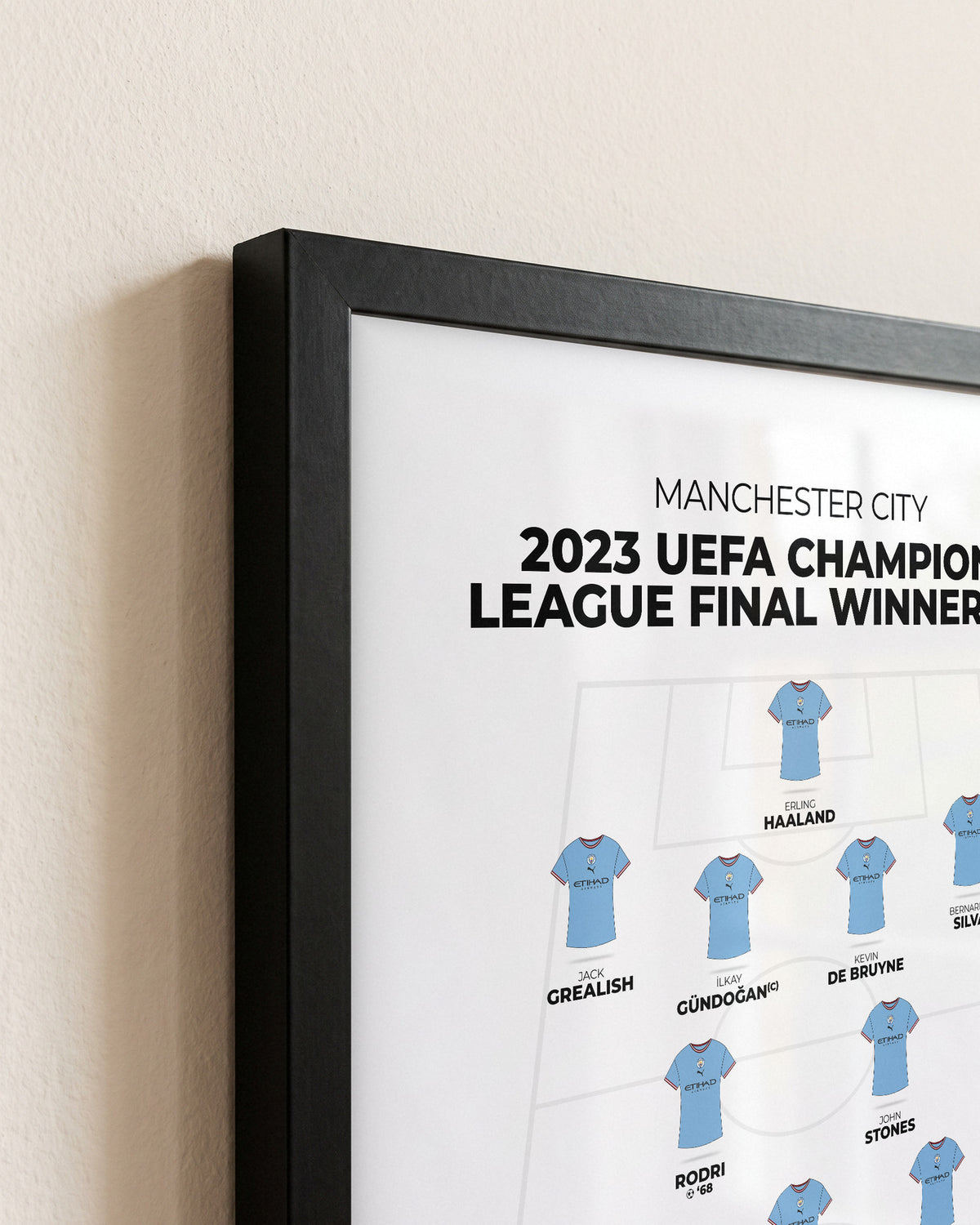 Manchester City 2023 Champions League Winners XI framed print, close-up of the frame corner