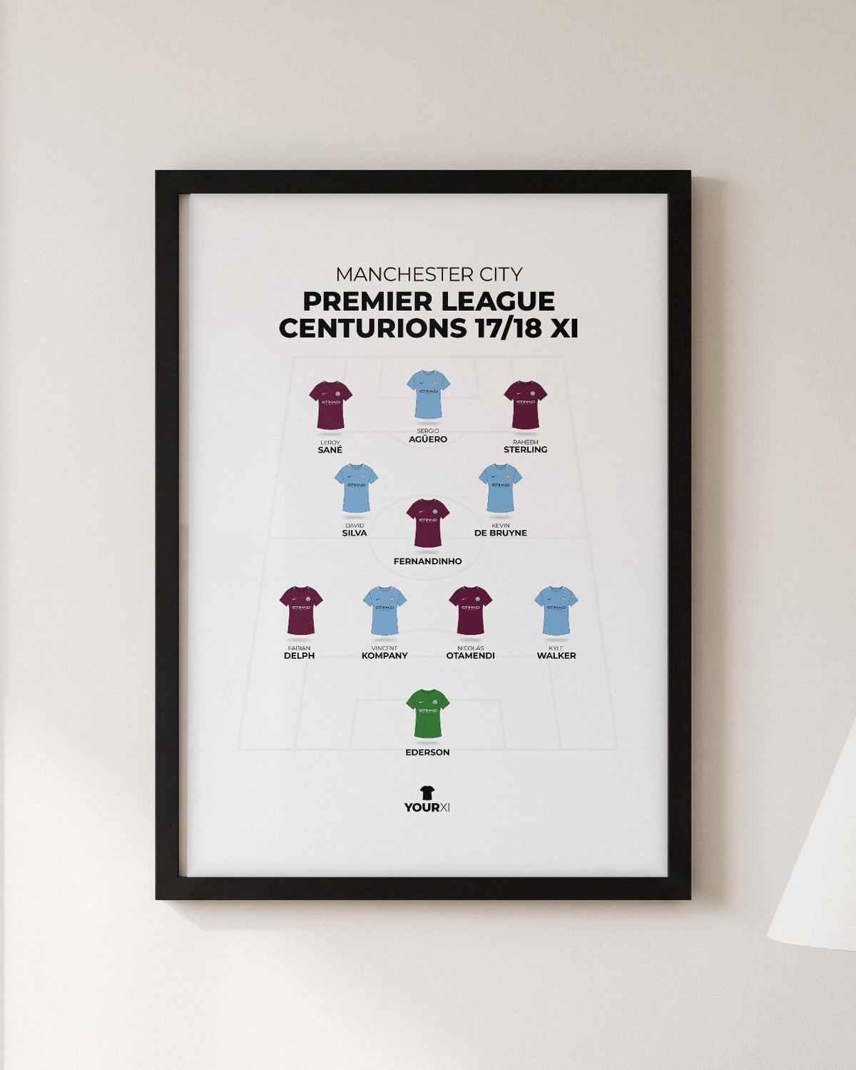 Manchester City Premier League Centurions 2017/18 XI framed print, black frame on a wall