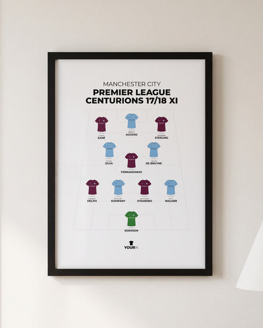 Manchester City Premier League Centurions 2017/18 XI framed print, black frame on a wall