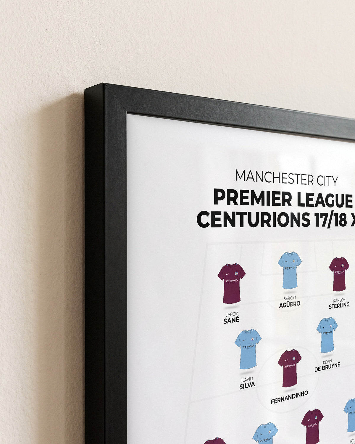 Manchester City Premier League Centurions 2017/18 XI framed print, close-up of the frame corner