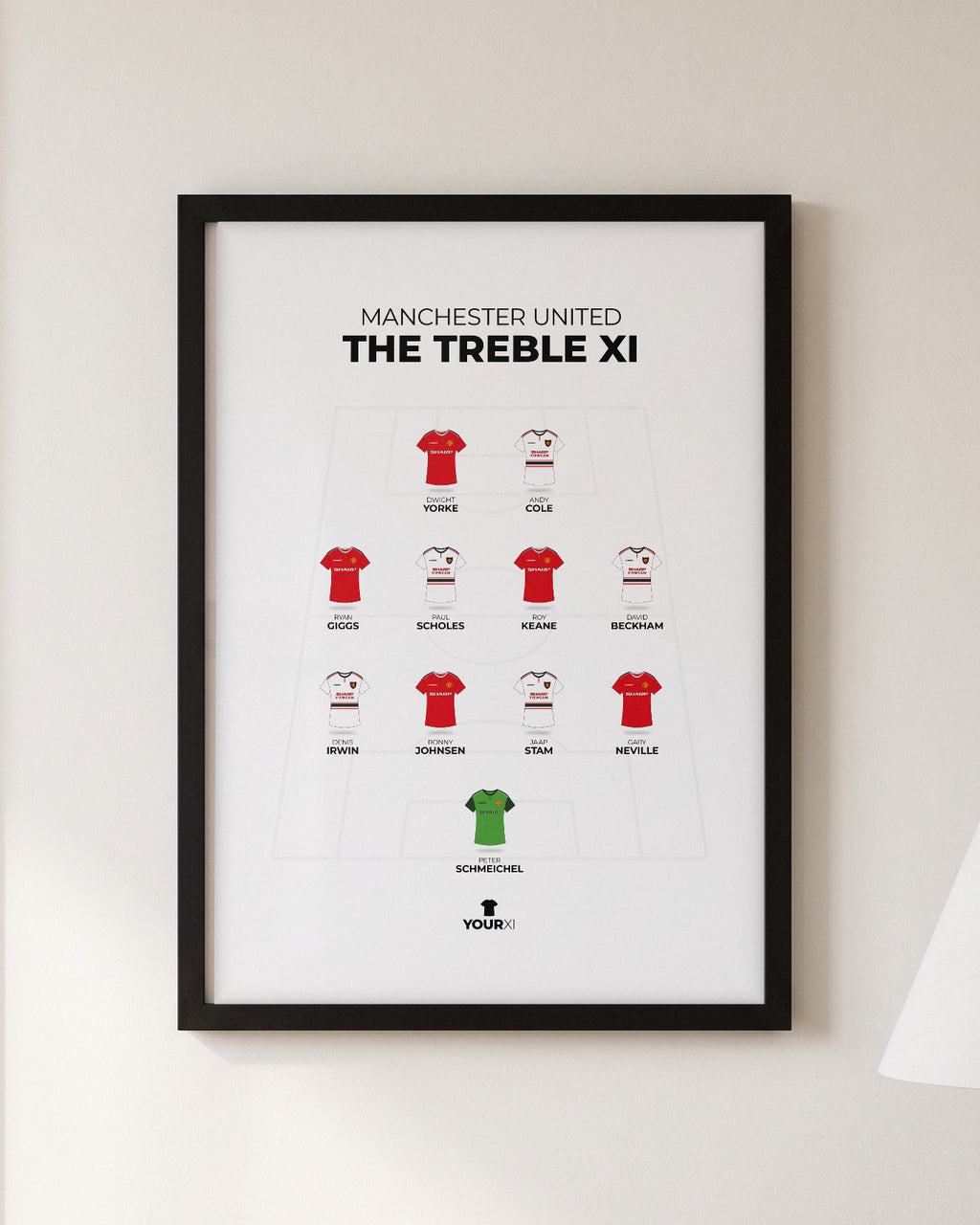 Manchester United Treble XI framed print, black frame on a wall