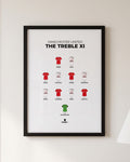 Manchester United Treble XI framed print, black frame on a wall