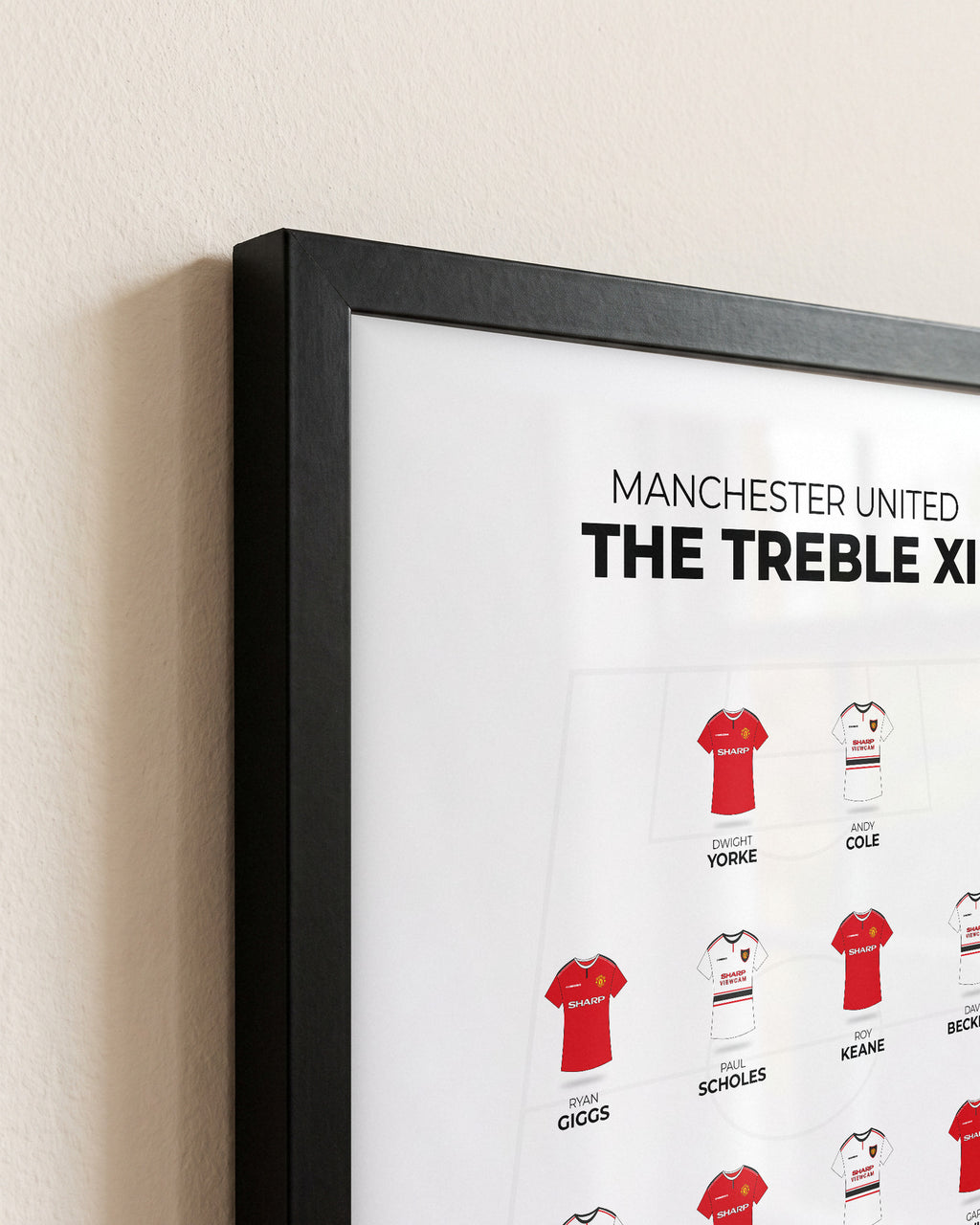 Manchester United Treble XI framed print, close-up of the frame corner