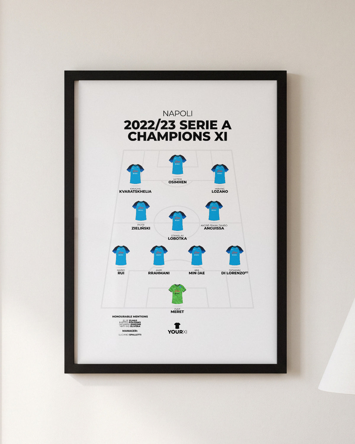 Napoli 2022/23 Serie A Champions XI framed print, black frame on a wall