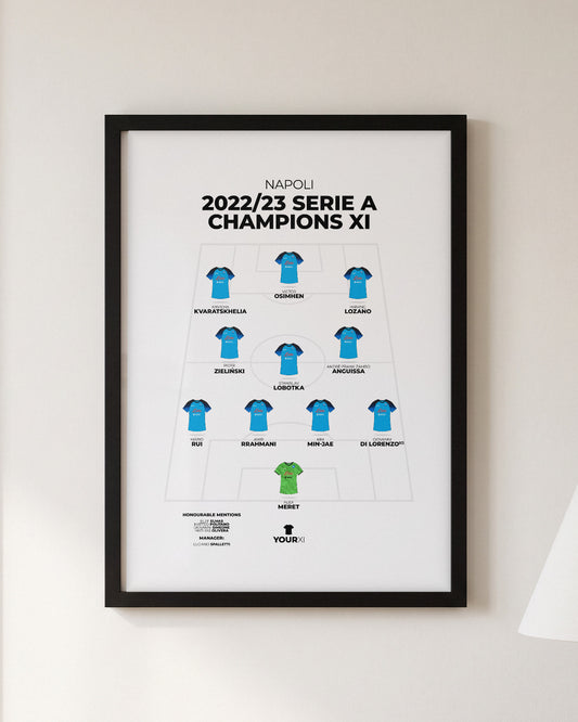 Napoli 2022/23 Serie A Champions XI framed print, black frame on a wall