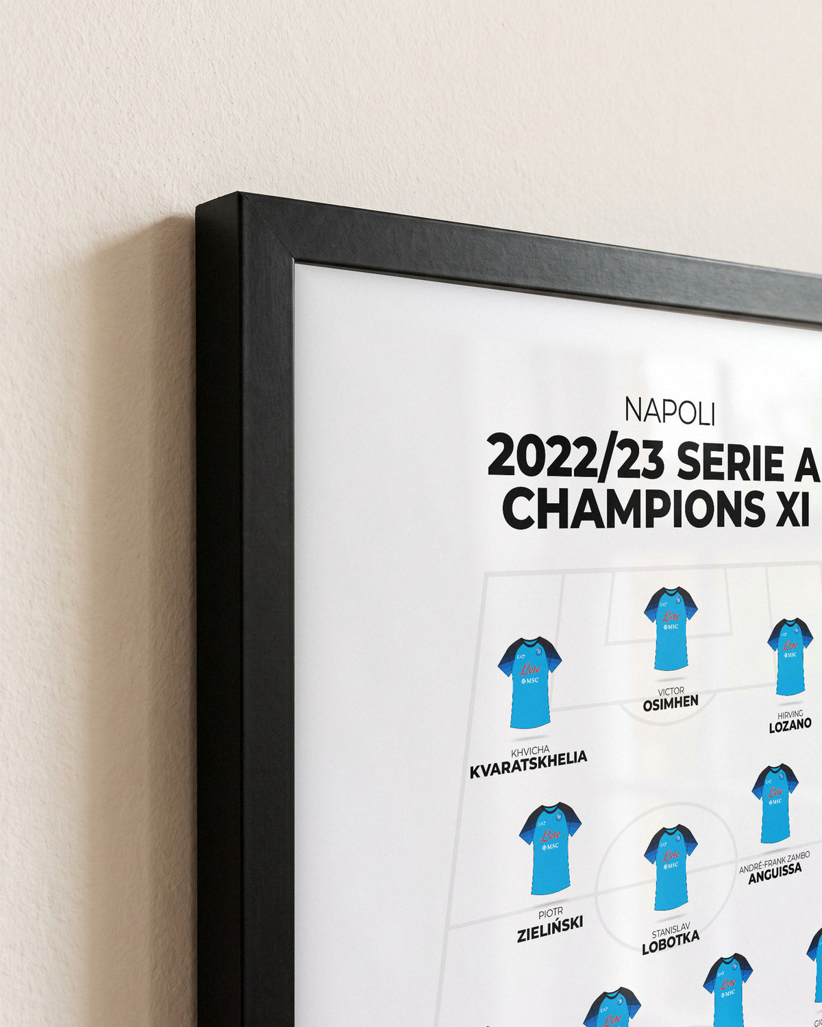 Napoli 2022/23 Serie A Champions XI framed print, close-up of the frame corner