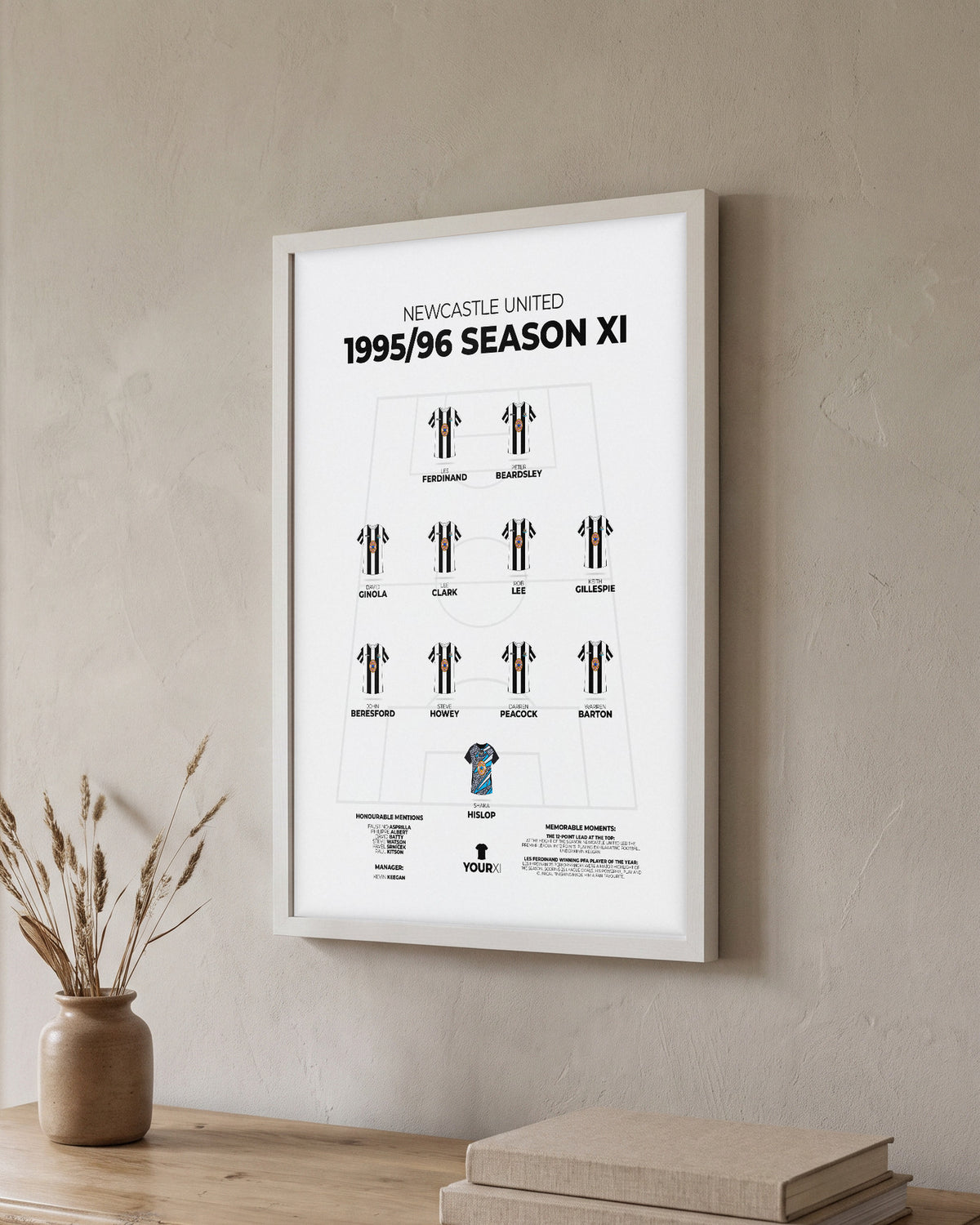 Newcastle United 1995/96 Season XI framed print, white frame on a wall