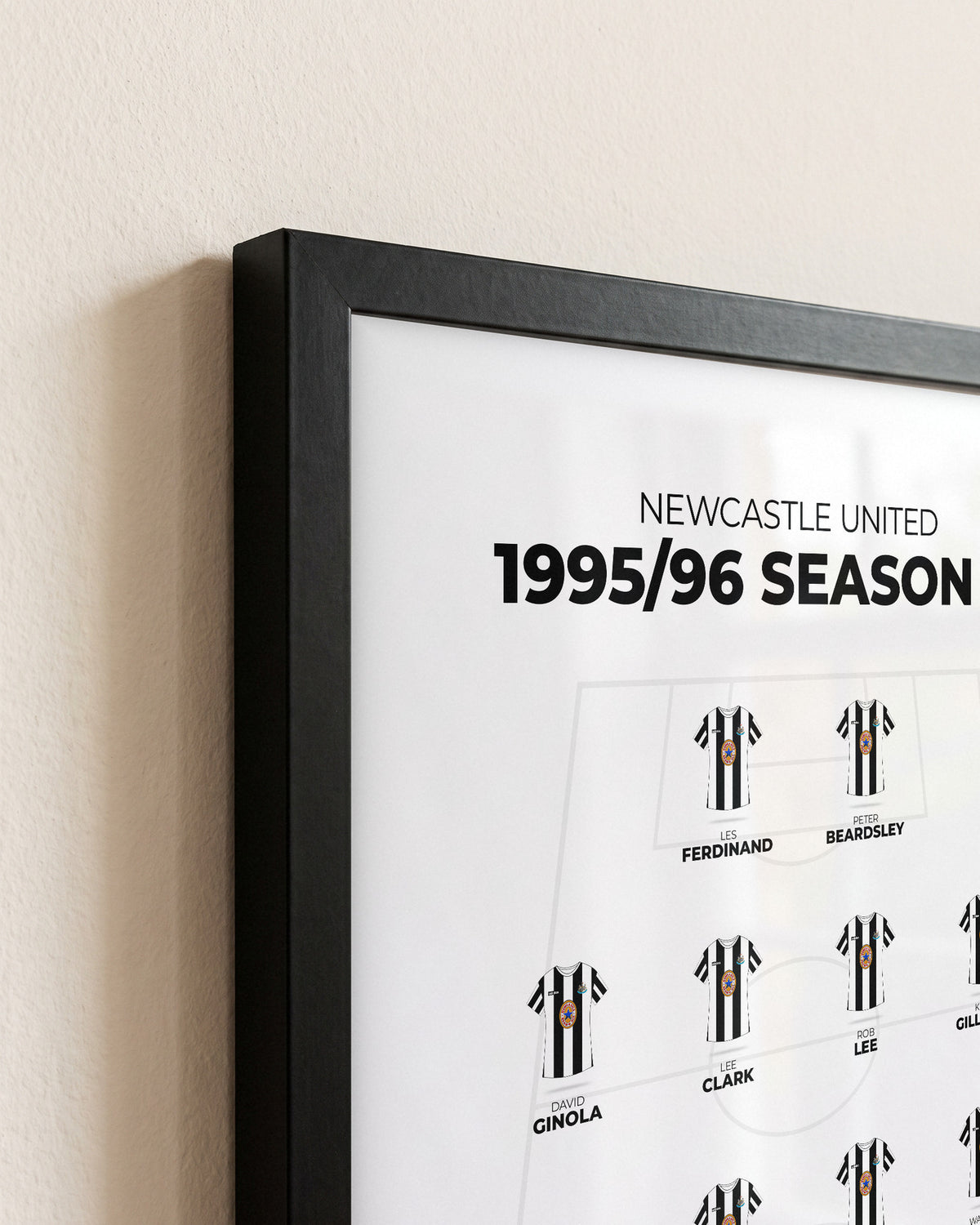 Newcastle United 1995/96 Season XI framed print, close-up of the frame corner