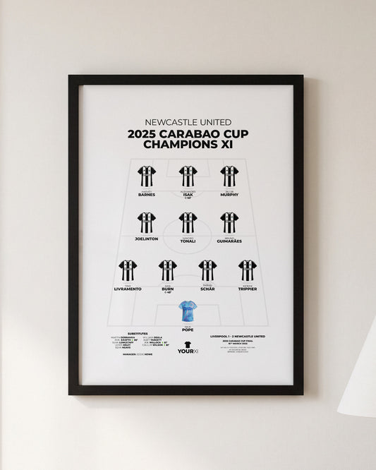 Newcastle United 2025 Carabao Cup Champions XI framed print, black frame on a wall
