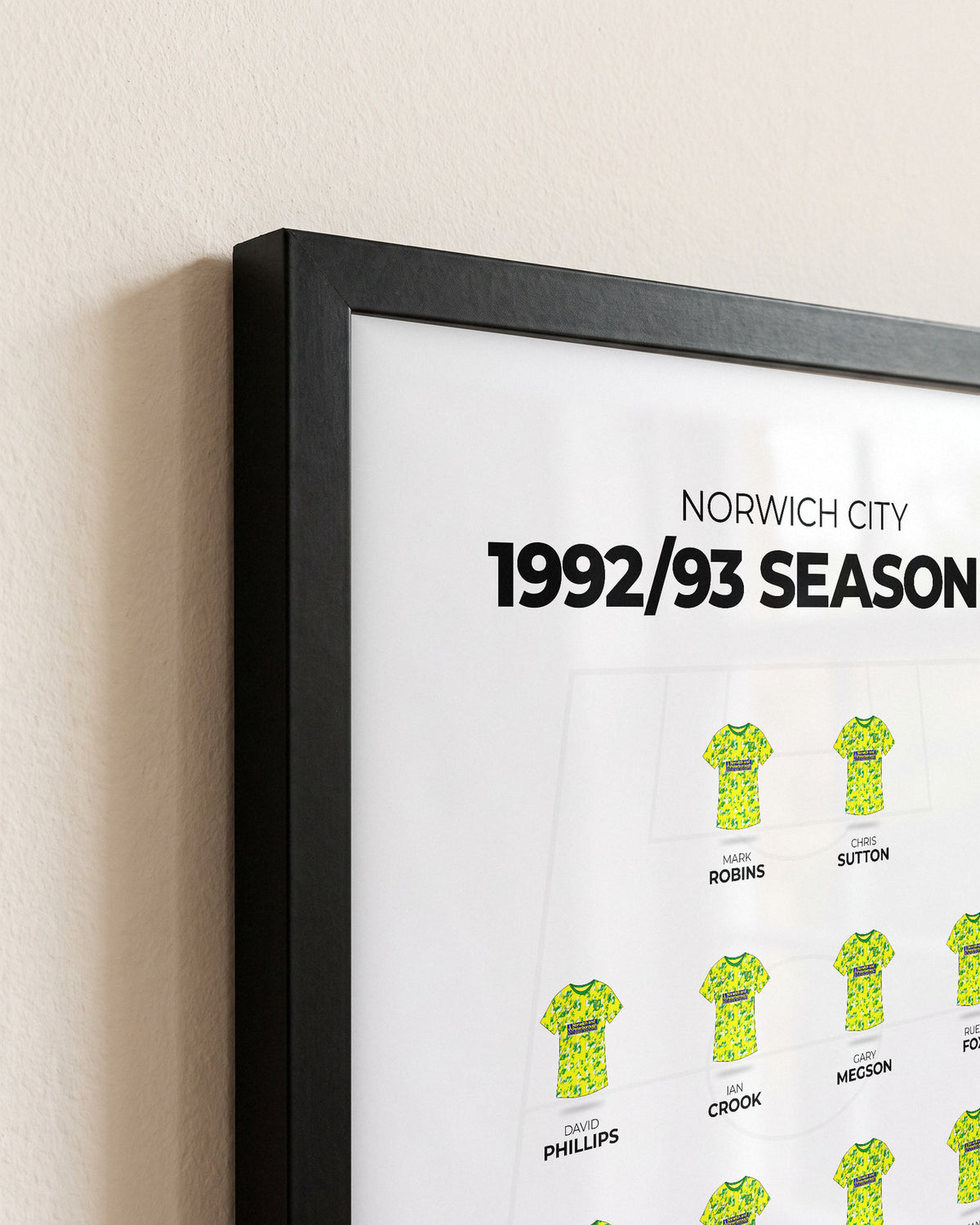 Norwich City 1992/93 Season XI framed print, close-up of the frame corner
