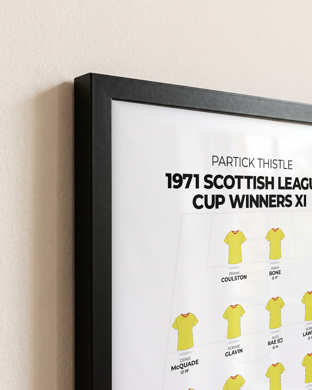 Partick Thistle 1971 Scottish League Cup Winners XI framed print, close-up of the frame corner