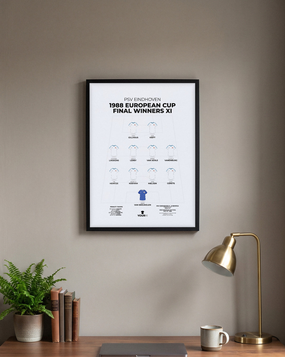 PSV Eindhoven 1988 European Cup Final Winners XI framed print, black frame above a desk