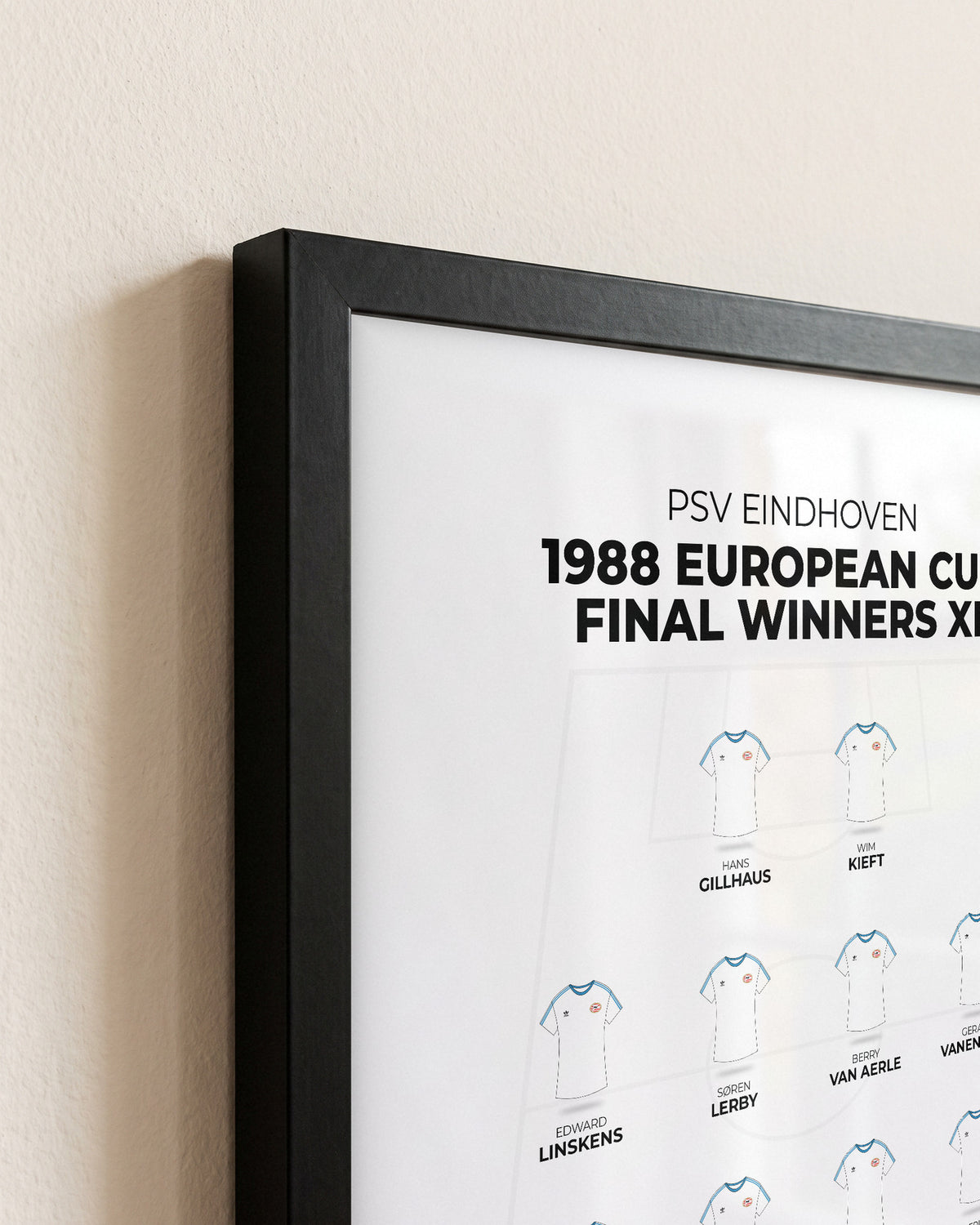 PSV Eindhoven 1988 European Cup Final Winners XI framed print, close-up of the frame corner