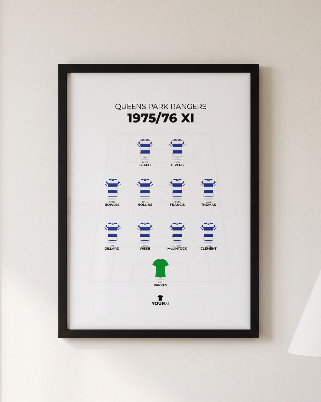 Queens Park Rangers 1975/76 XI framed print, black frame on a wall