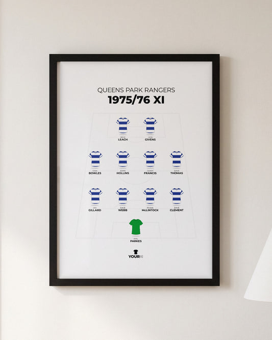 Queens Park Rangers 1975/76 XI framed print, black frame on a wall