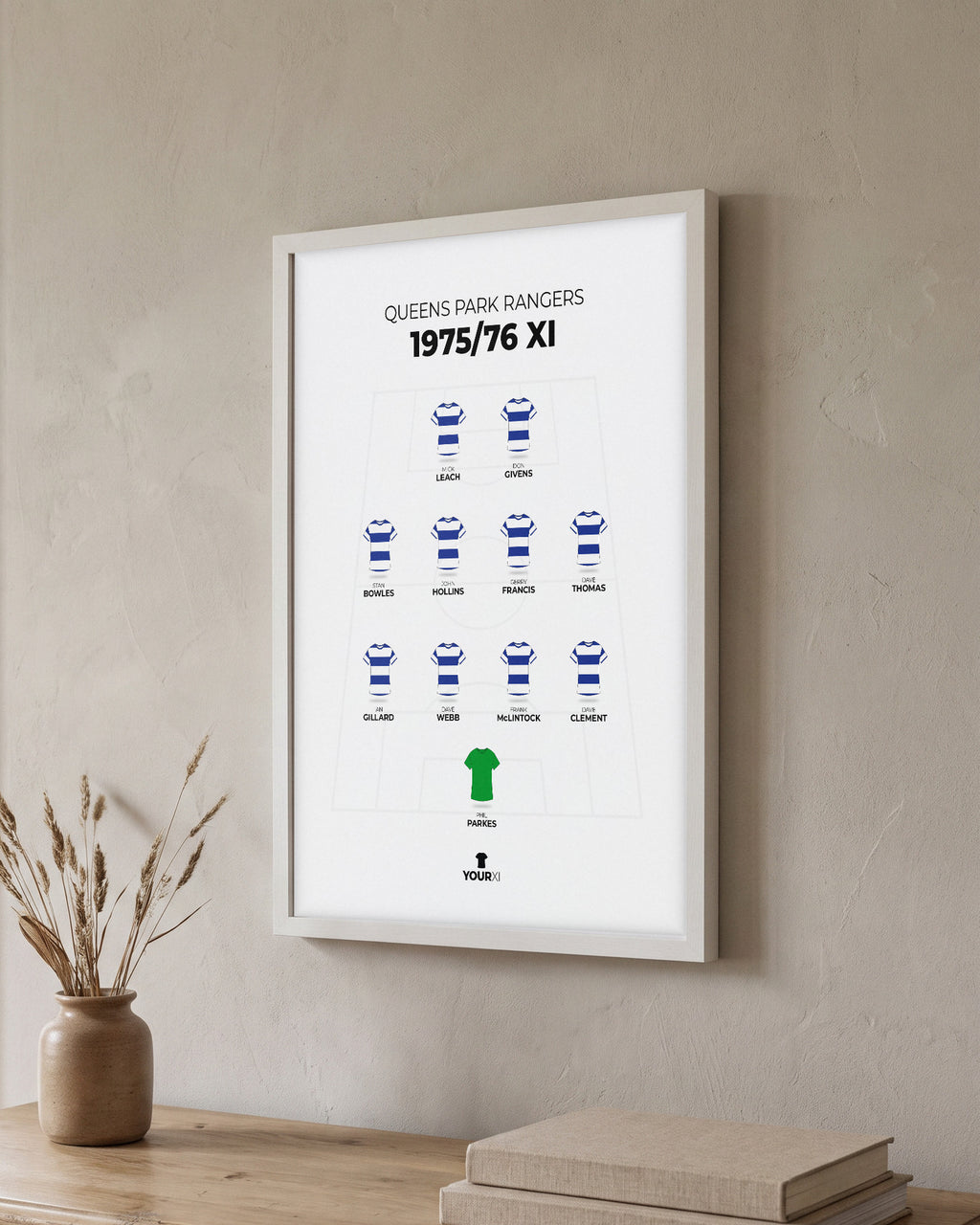 Queens Park Rangers 1975/76 XI framed print, white frame on a wall