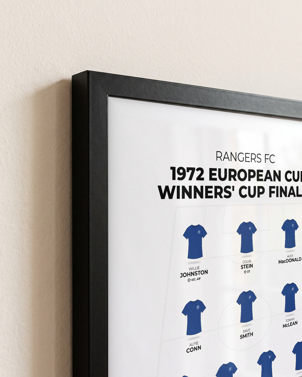 Rangers 1972 European Cup Winners' Cup Final XI framed print, close-up of the frame corner