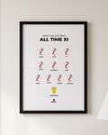 Rayo Vallecano All Time XI framed print, black frame on a wall