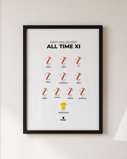 Rayo Vallecano All Time XI framed print, black frame on a wall