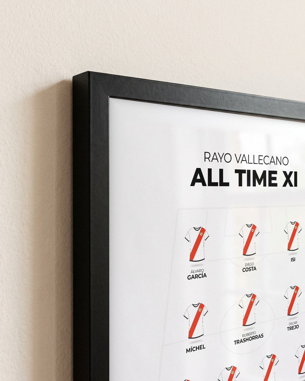 Rayo Vallecano All Time XI framed print, close-up of the frame corner