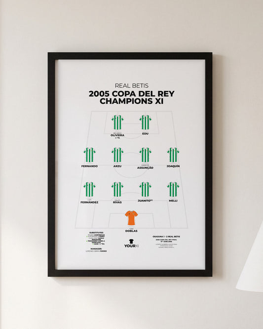 Real Betis 2005 Copa del Rey Champions XI framed print, black frame on a wall