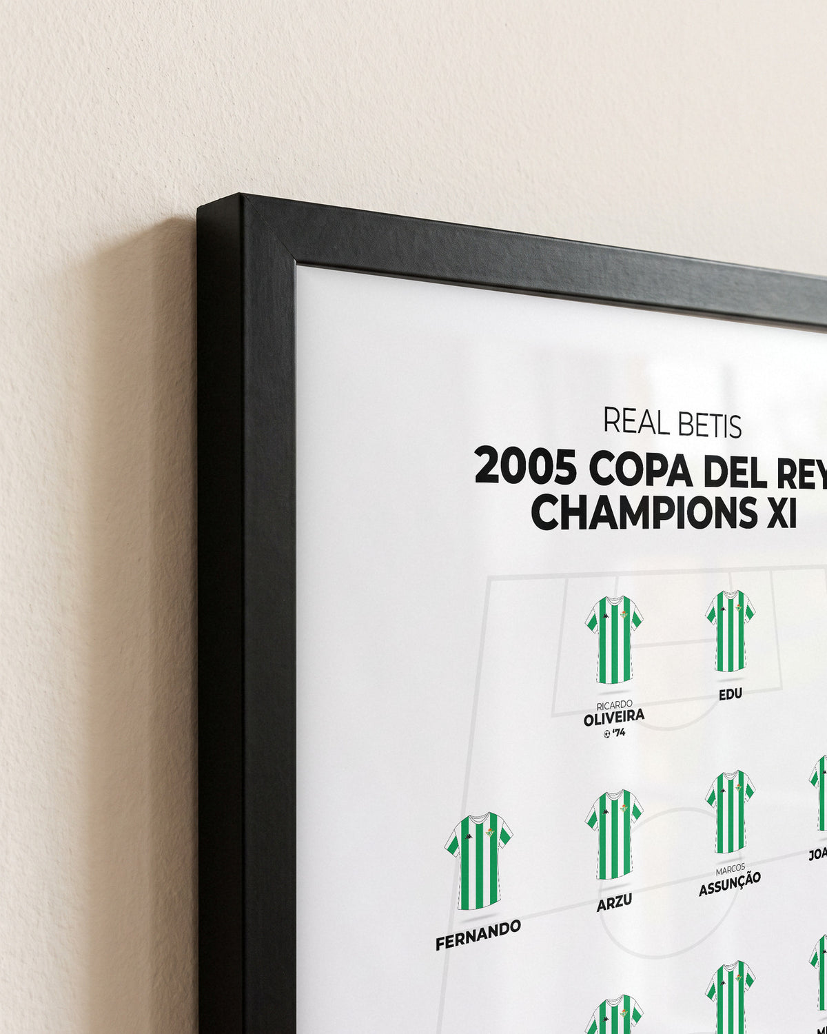 Real Betis 2005 Copa del Rey Champions XI framed print, close-up of the frame corner