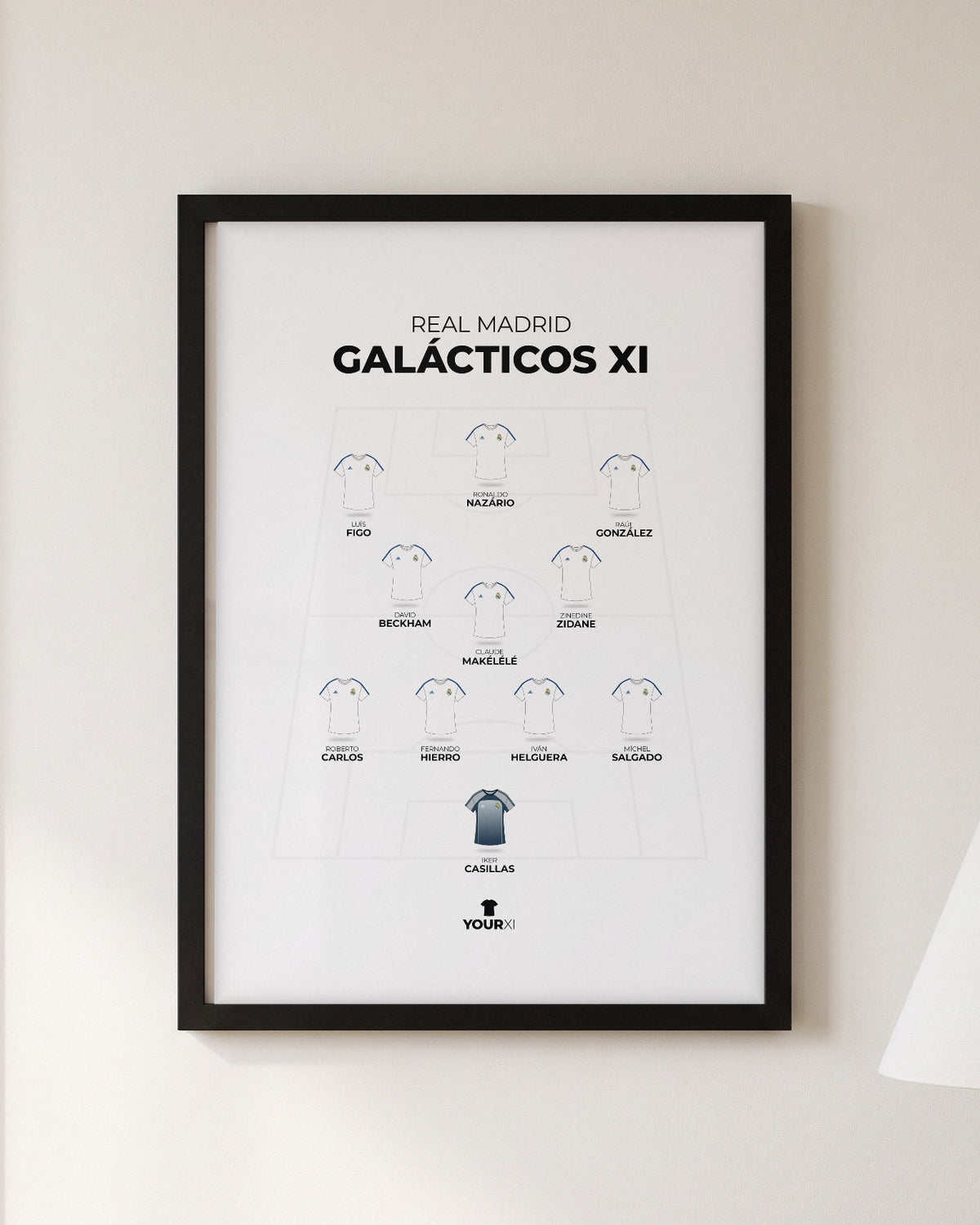 Real Madrid Galácticos XI framed print, black frame on a wall