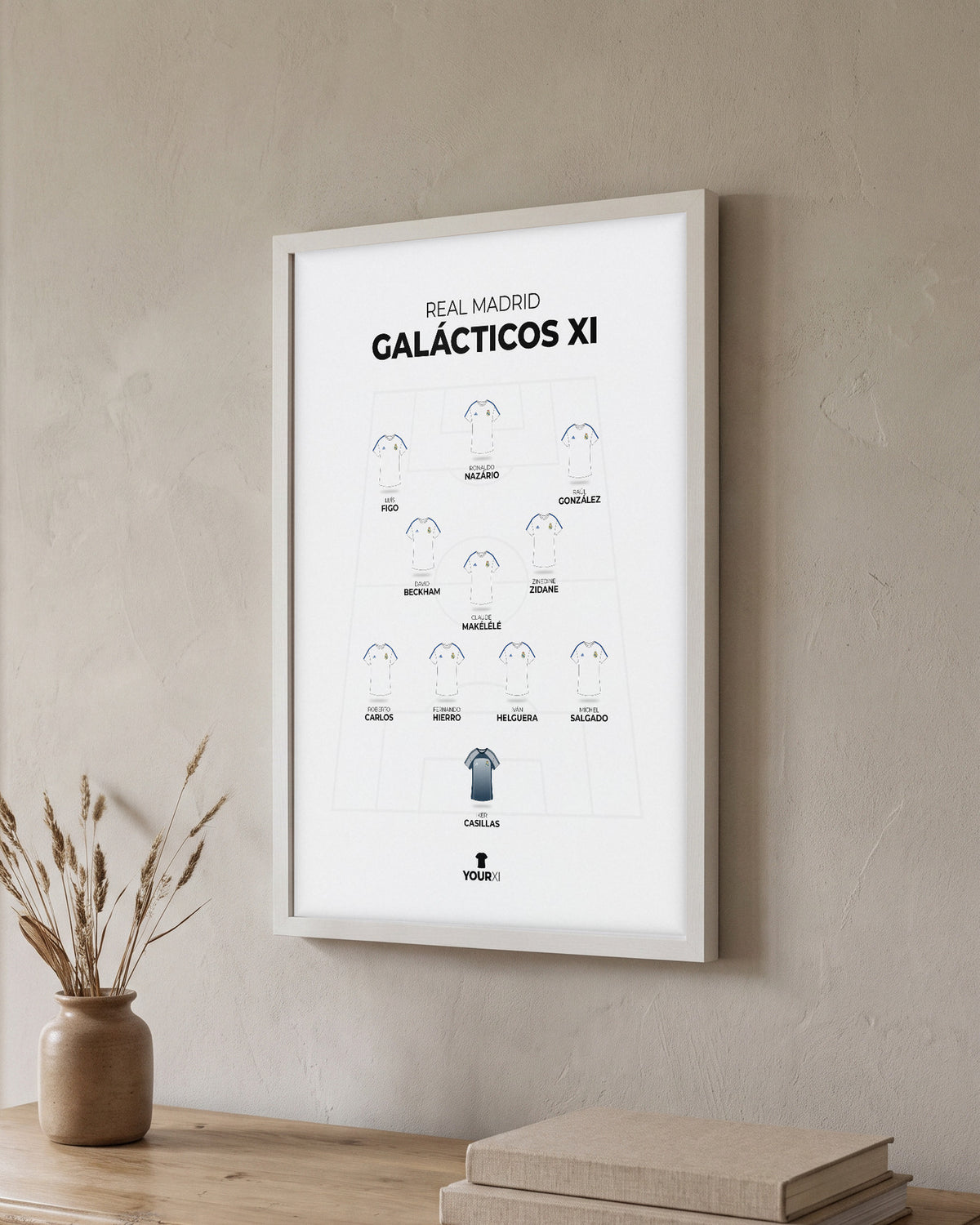 Real Madrid Galácticos XI framed print, white frame on a wall