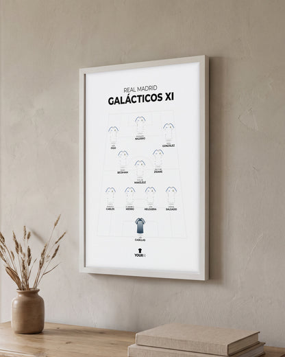Real Madrid Galácticos XI framed print, white frame on a wall
