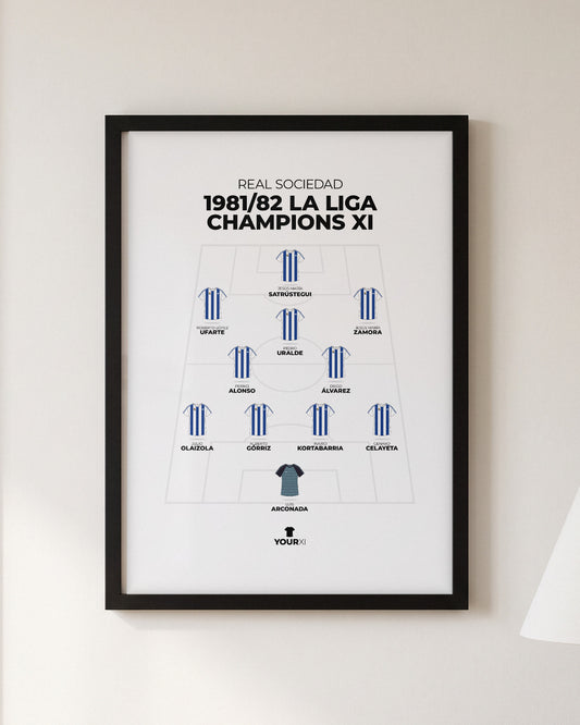 Real Sociedad 1981/82 La Liga Champions XI framed print, black frame on a wall