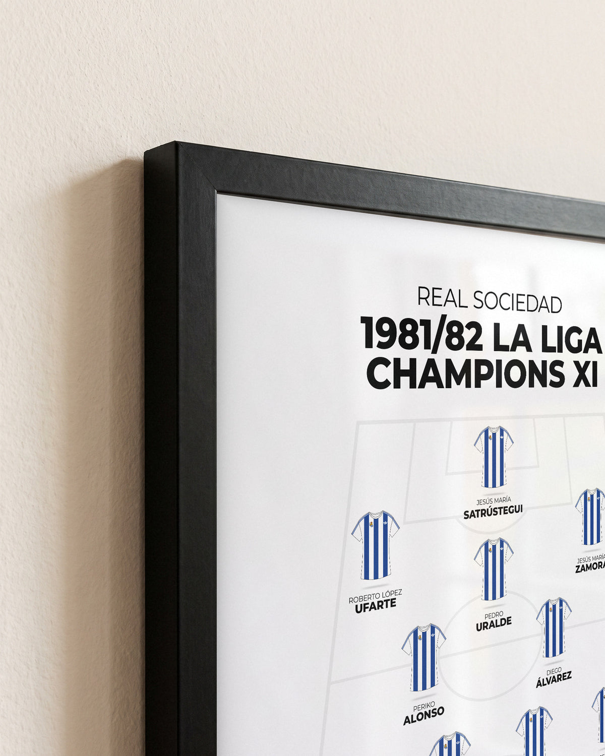 Real Sociedad 1981/82 La Liga Champions XI framed print, close-up of the frame corner