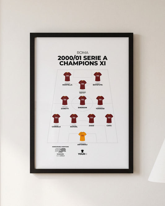 Roma 2000/01 Serie A Champions XI framed print, black frame on a wall