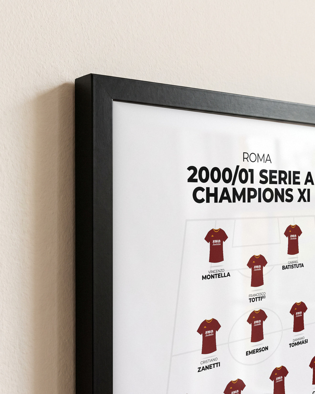 Roma 2000/01 Serie A Champions XI framed print, close-up of the frame corner