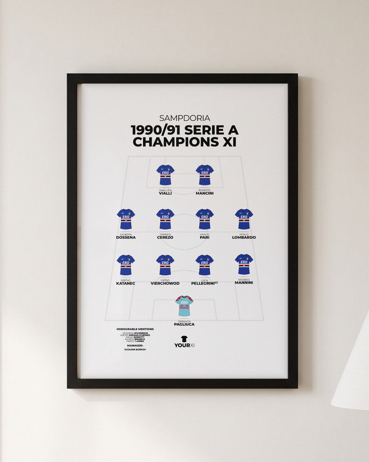 Sampdoria 1990/91 Serie A Champions XI framed print, black frame on a wall