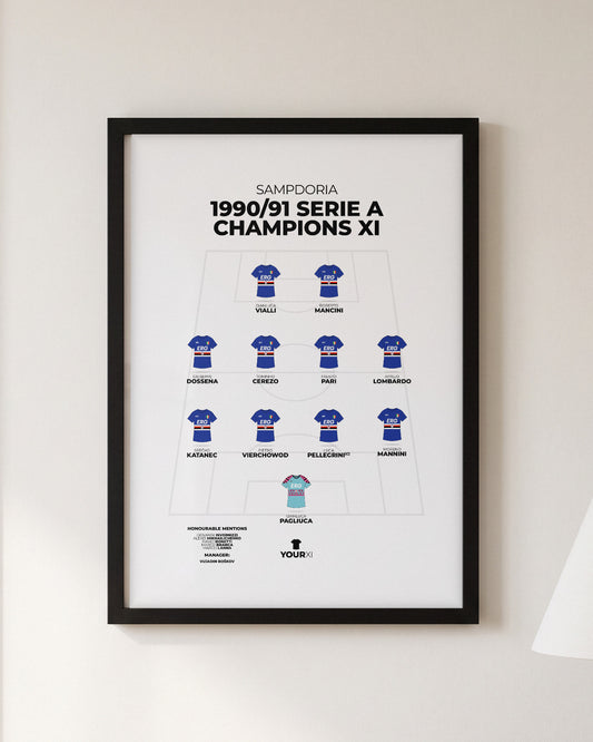 Sampdoria 1990/91 Serie A Champions XI framed print, black frame on a wall