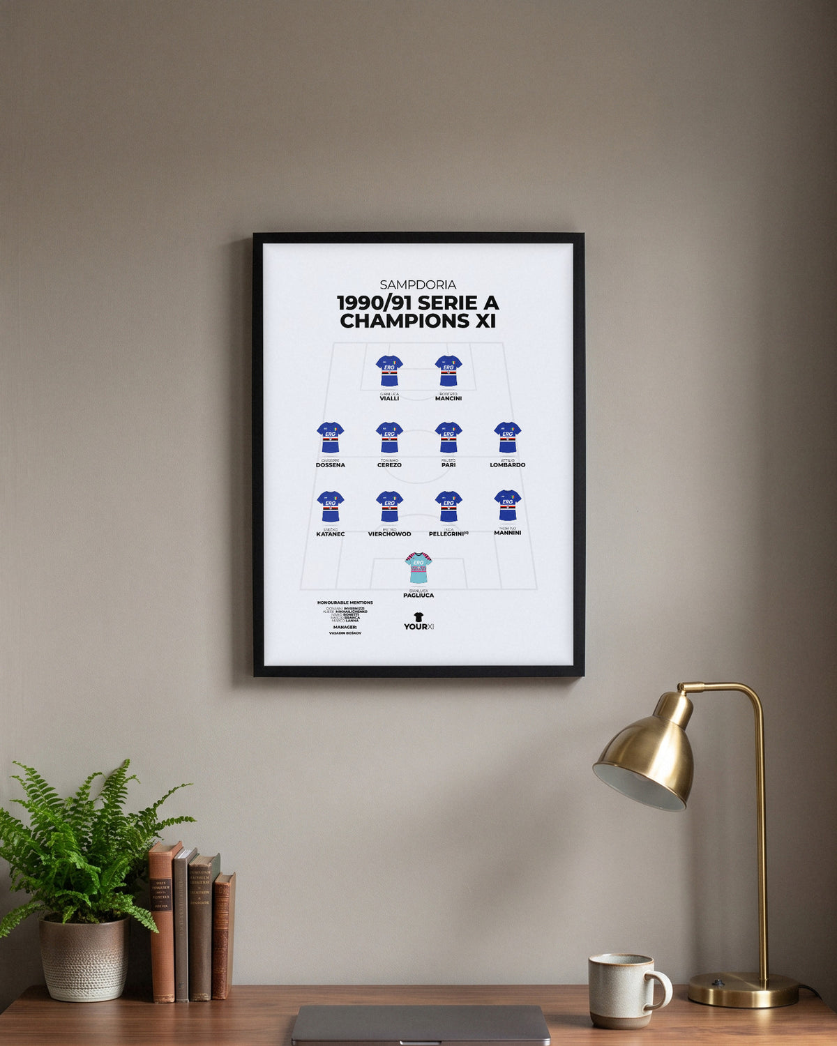 Sampdoria 1990/91 Serie A Champions XI framed print, black frame above a desk