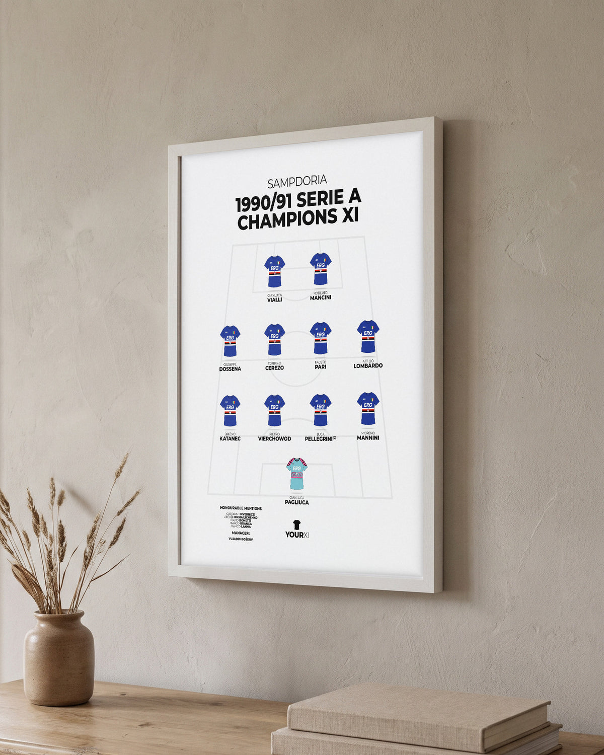 Sampdoria 1990/91 Serie A Champions XI framed print, white frame on a wall