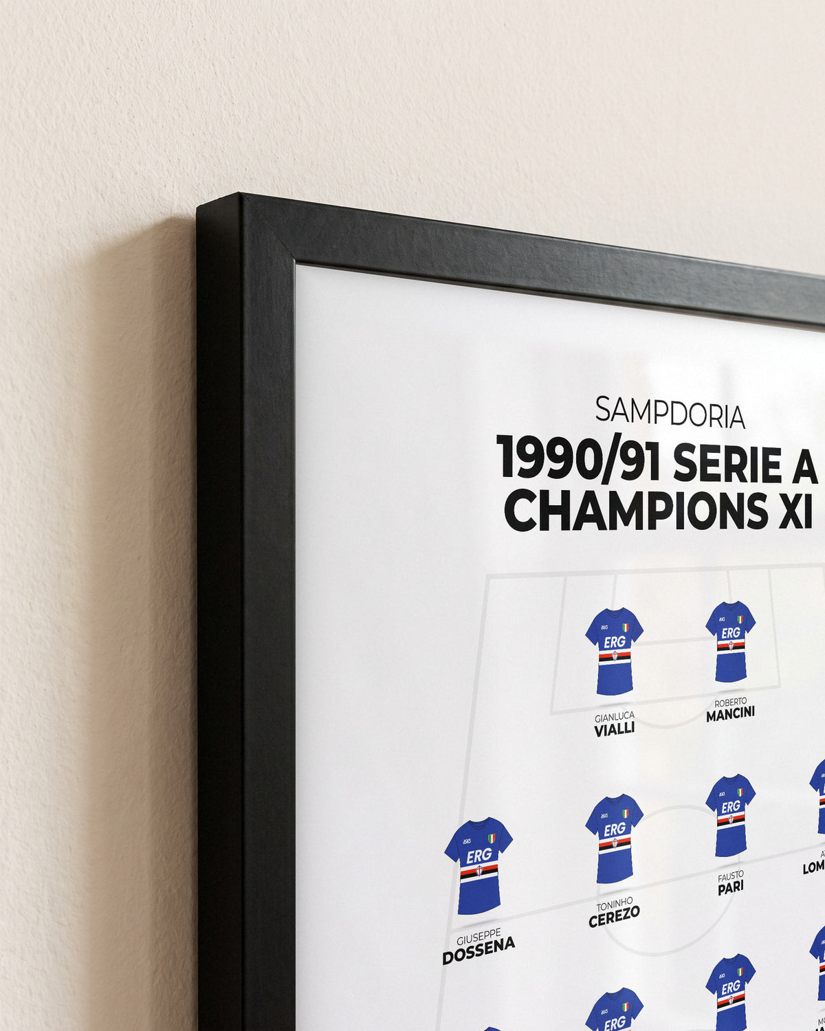 Sampdoria 1990/91 Serie A Champions XI framed print, close-up of the frame corner