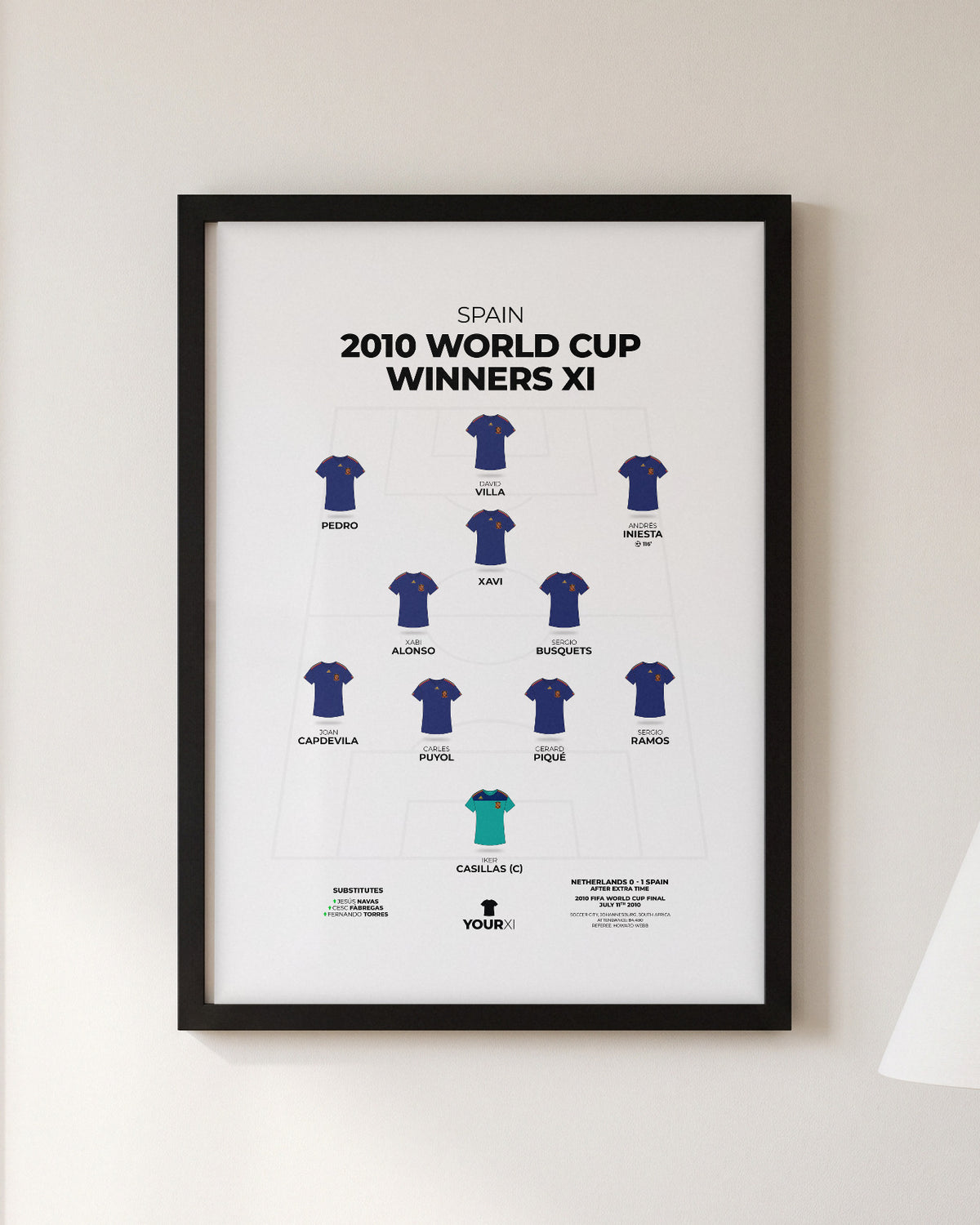 Spain 2010 World Cup Winners XI framed print, black frame on a wall