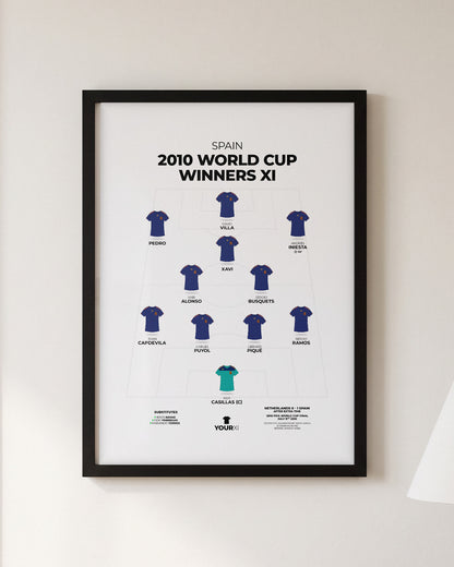 Spain 2010 World Cup Winners XI framed print, black frame on a wall