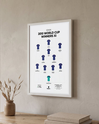 Spain 2010 World Cup Winners XI framed print, white frame on a wall