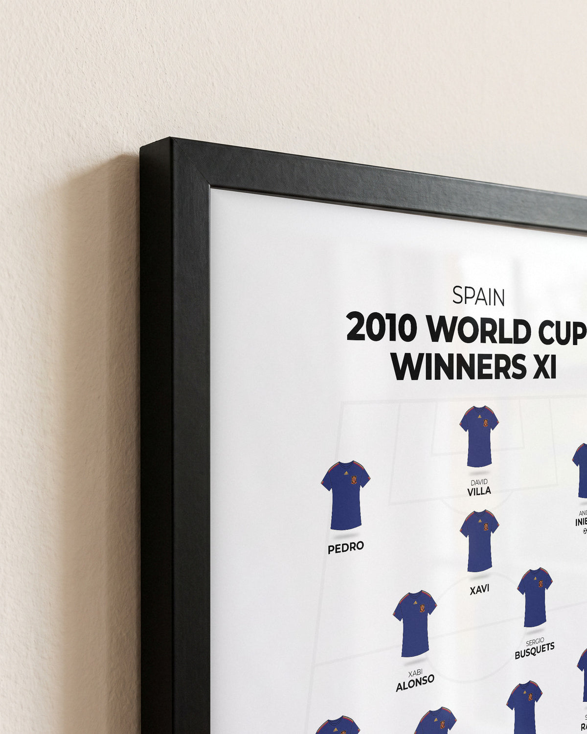 Spain 2010 World Cup Winners XI framed print, close-up of the frame corner