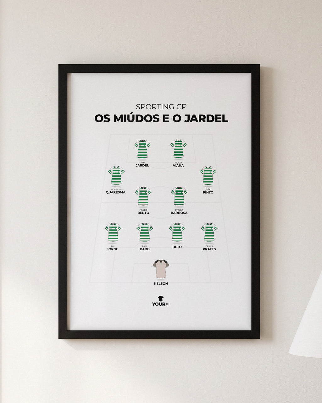 Sporting CP Os Miúdos e o Jardel XI framed print, black frame on a wall