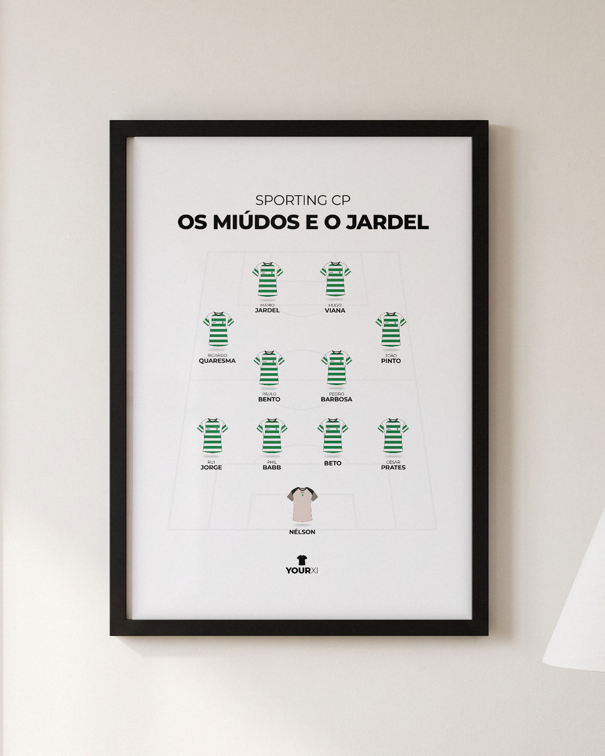 Sporting CP Os Miúdos e o Jardel XI framed print, black frame on a wall