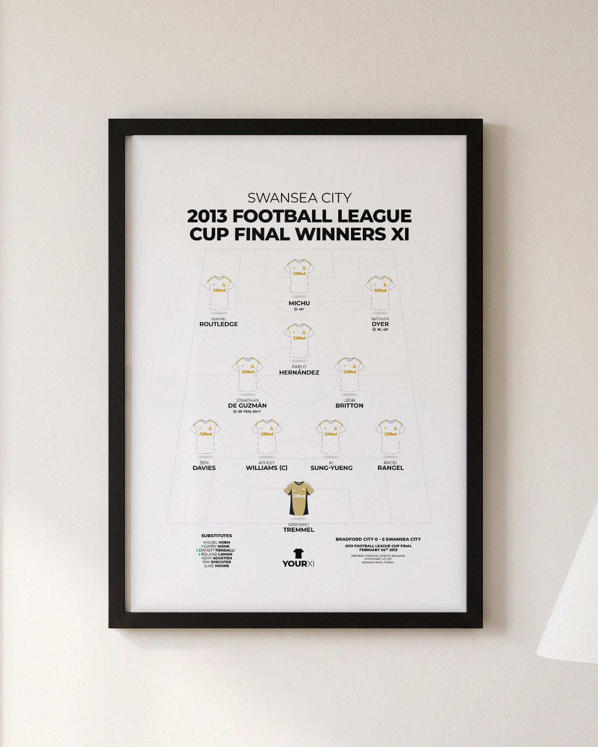 Swansea City 2013 Football League Cup Final Winners XI framed print, black frame on a wall