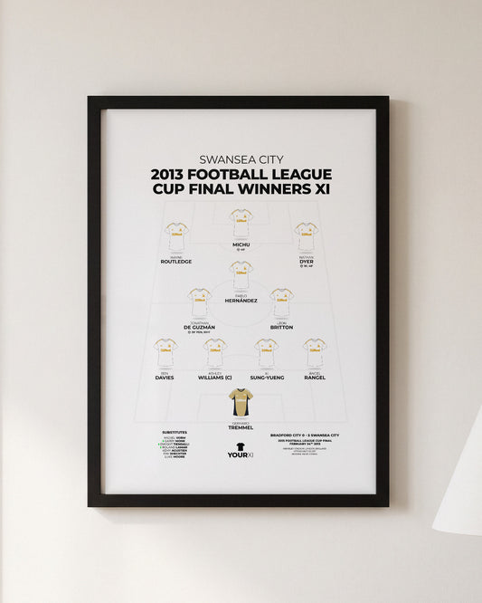 Swansea City 2013 Football League Cup Final Winners XI framed print, black frame on a wall