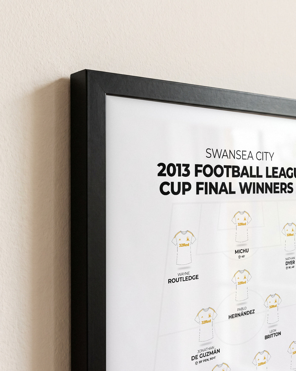 Swansea City 2013 Football League Cup Final Winners XI framed print, close-up of the frame corner